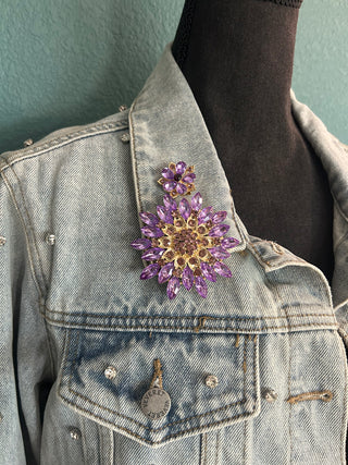 Set of Two Lavender Crystal Floral Statement Brooch Pins Pendants
