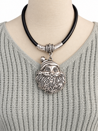 Silver Santa Pendant Choker Necklace Black Thick Magnetic Cord