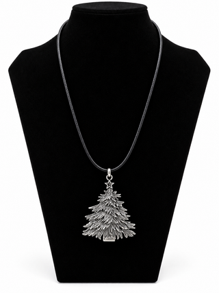 Long Silver Christmas Tree Pendant Necklace Black Cord 38 Inches