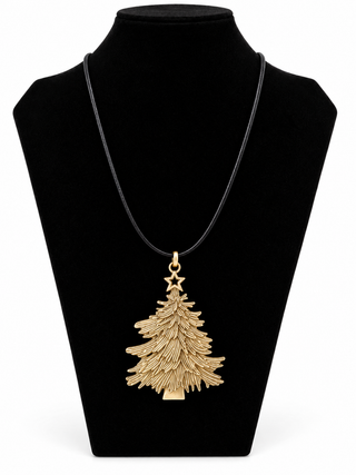 Long Gold Christmas Tree Pendant Necklace Black Cord 38 Inches