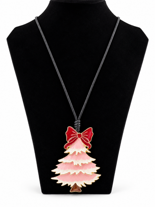 Pink Christmas Tree Pendant Necklace  40 inch Cord