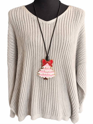 Pink Christmas Tree Pendant Necklace  40 inch Cord