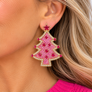 Pink Sparkle Christmas Tree Statement Earrings