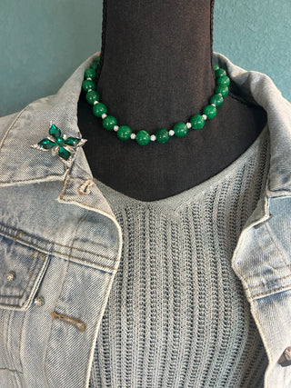 Emerald Green Beaded Statement Necklace with Crystal Flower Pendant