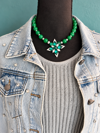 Emerald Green Beaded Statement Necklace with Crystal Flower Pendant