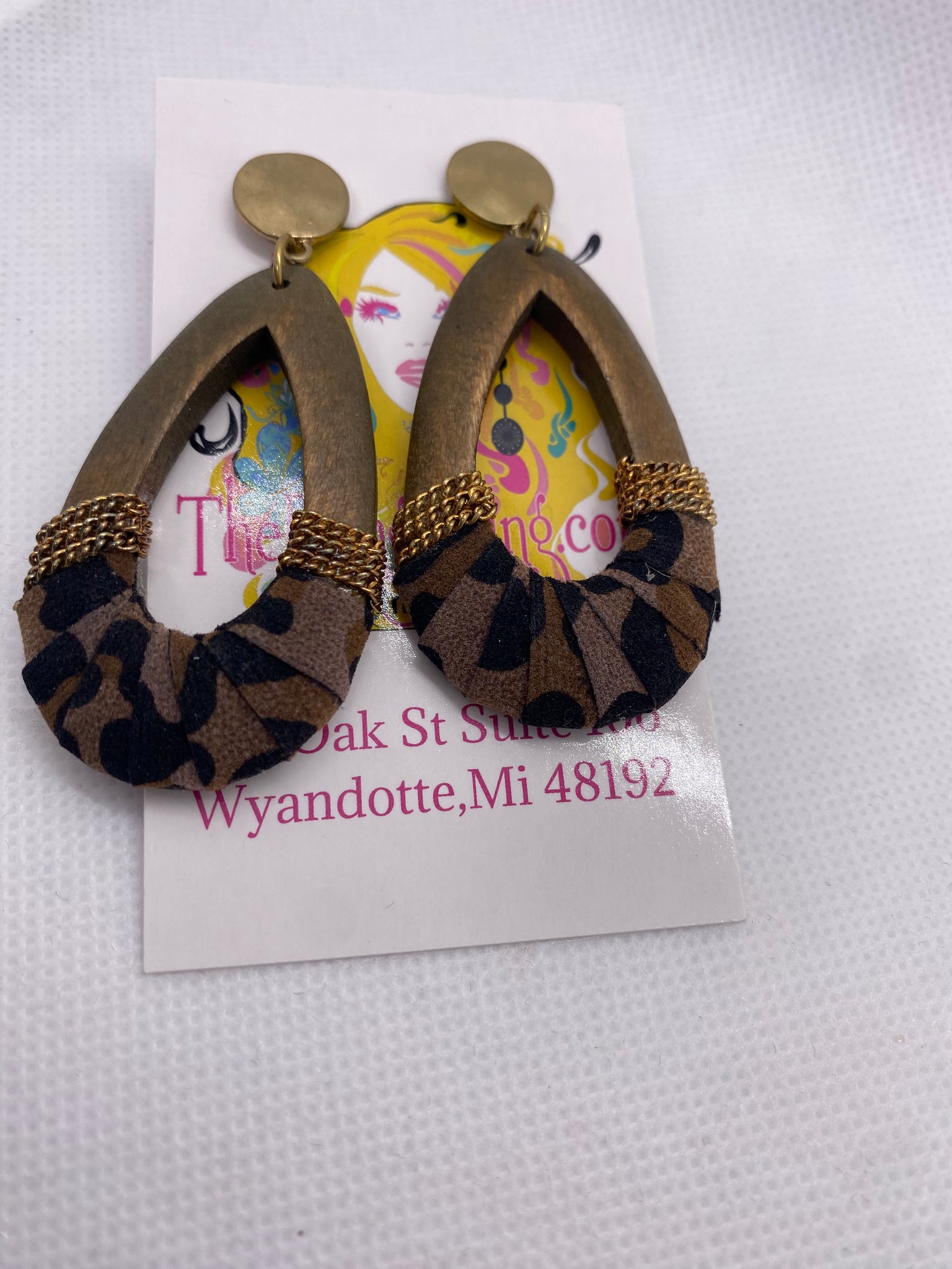 Leopard Print Wood Teardrop Dangle Earrings