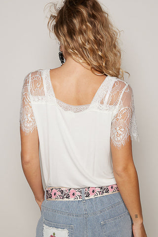 V neck Lace Half Short Sleeve T Shirt Ivory