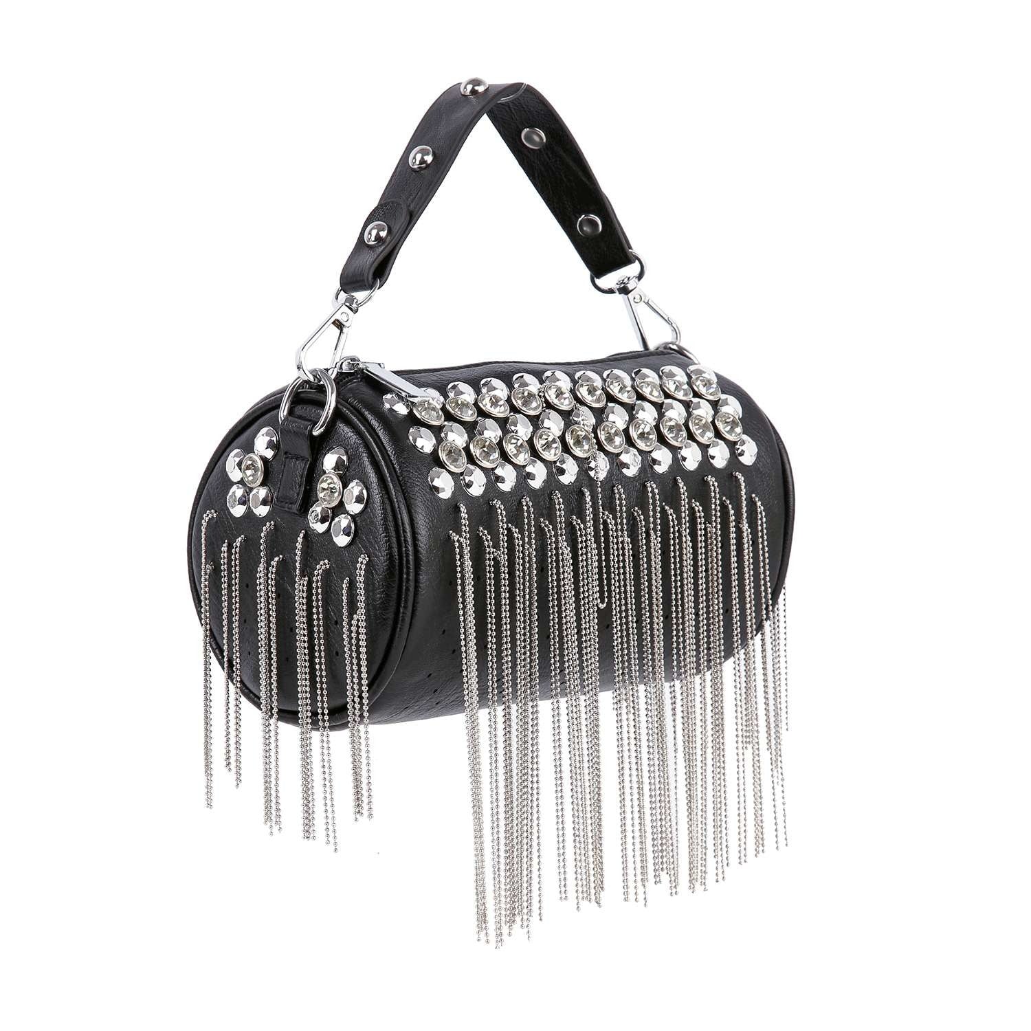 Stud and Fringe Barrel Evening Bag Purse