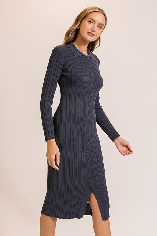 Midi Button Down Ribbed Dress