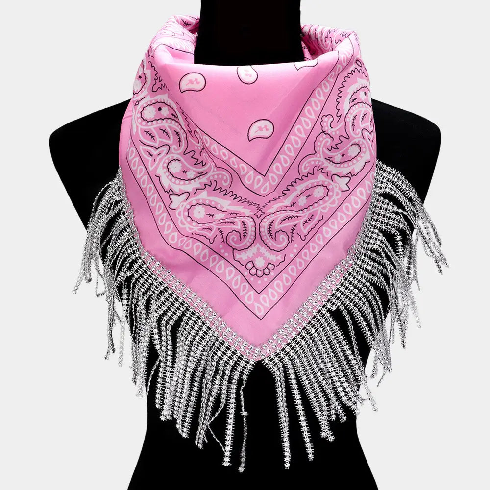 Pink Rhinestone Like Fringe Bandana Scarf