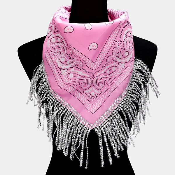 Pink Rhinestone Like Fringe Bandana Scarf