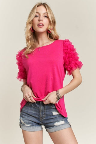 Short Sleeve Mesh Ruffle Cap Sleeve Top