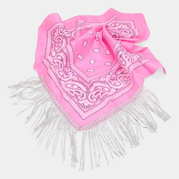 Pink Rhinestone Like Fringe Bandana Scarf