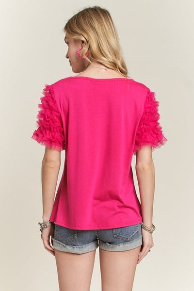 Short Sleeve Mesh Ruffle Cap Sleeve Top