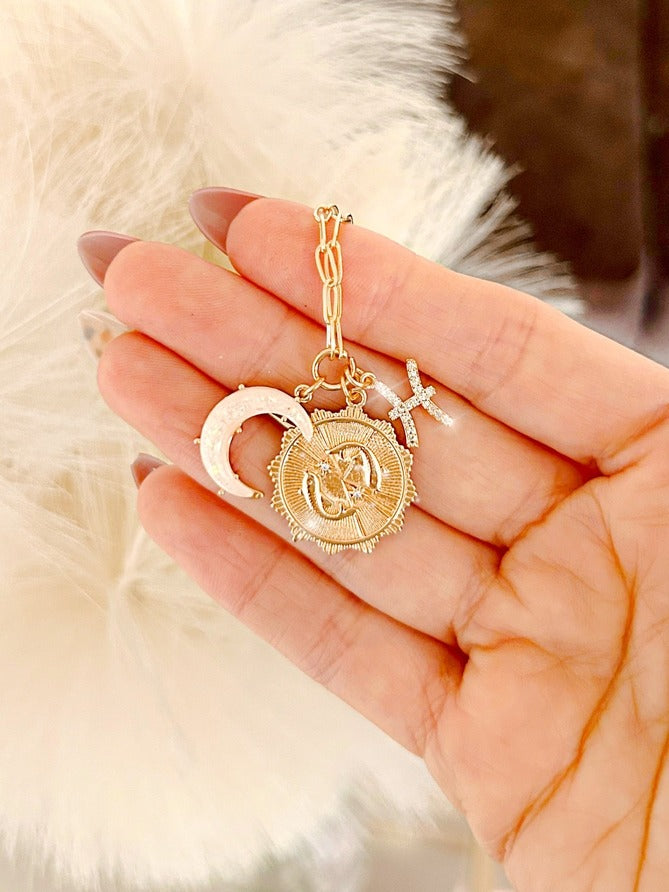 Pisces Three Charm Zodiac Moon CZ Pendant Paperclip Necklace