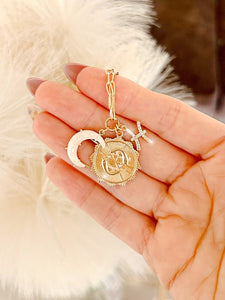 Pisces Three Charm Zodiac Moon CZ Pendant Paperclip Necklace