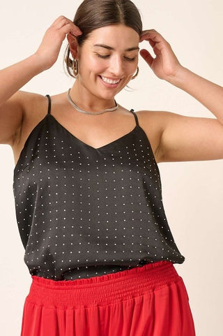 Plus Size Satin Camisole with Rhinestones Black