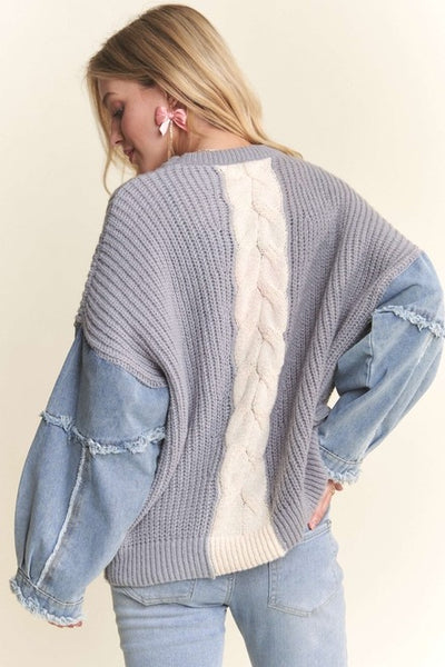 Plus Size Color Block Frayed Denim Sleeve Sweater Top