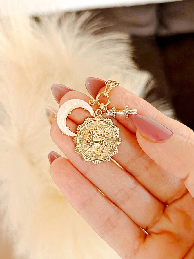 Sagittarius Three Charm Zodiac Moon CZ Pendant Paperclip Necklace