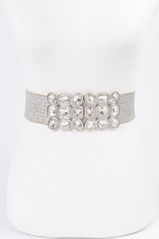 Metallic Silver Rhinestone Stretch Belt