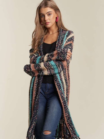 Multi Color Striped Cardigan with Fringe