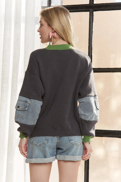 Knit Sweater w Denim Sleeves