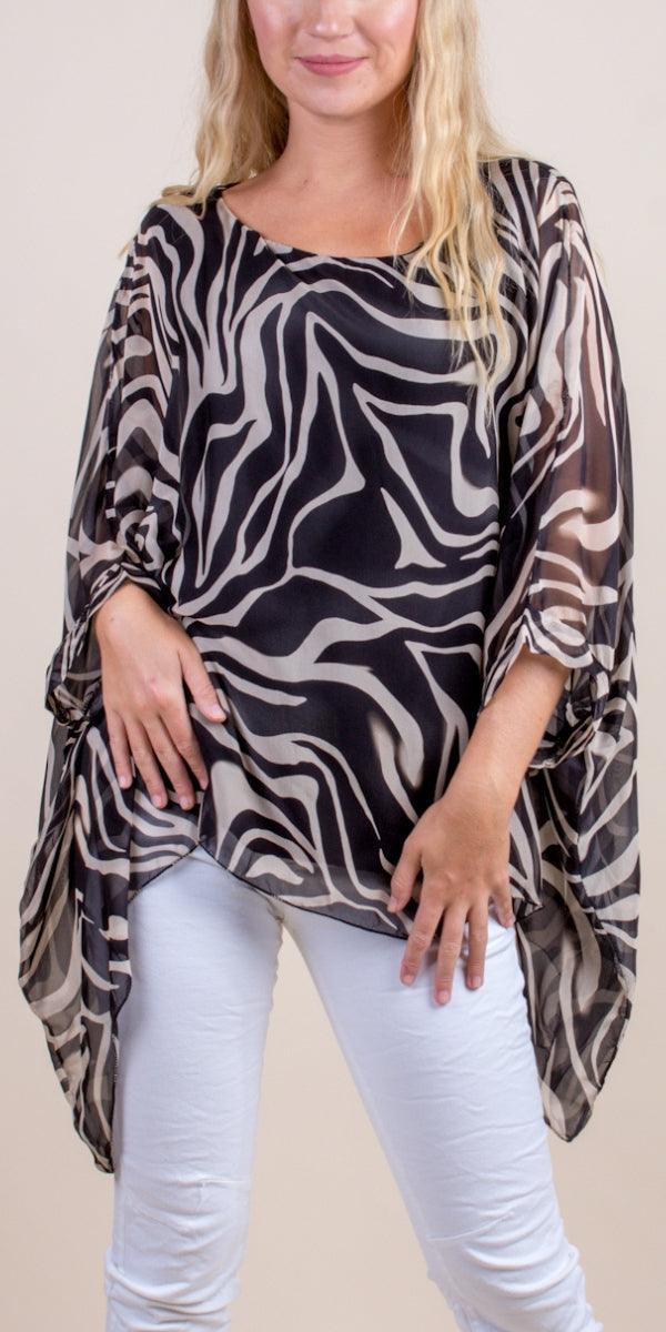 Zebra Print Silk 3/4 Length Sleeve Round Neck Black Silk Blouse