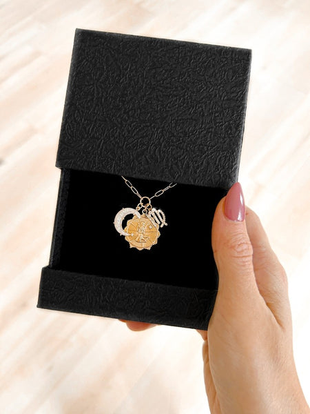 Sagittarius Three Charm Zodiac Moon CZ Pendant Paperclip Necklace