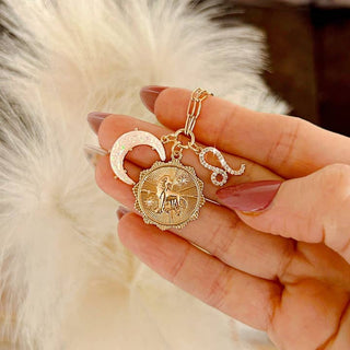 Aquarius Three Charm Zodiac Moon CZ Pendant Paperclip Necklace