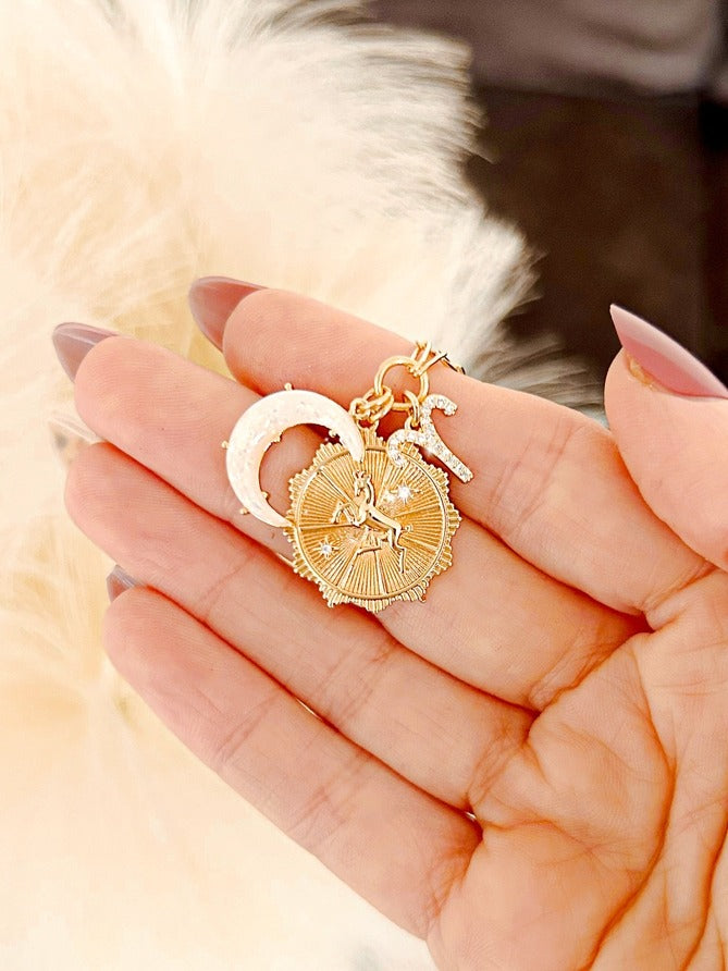 Aries Three Charm Zodiac Moon CZ Pendant Paperclip Necklace