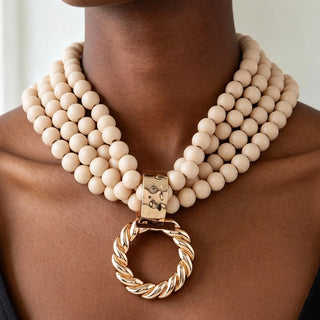 Beige Multi Strand Beaded Necklace