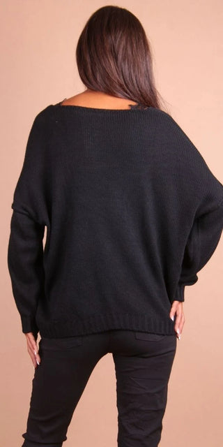 Long Sleeve Mocha Brivido V Neck Sweater Black