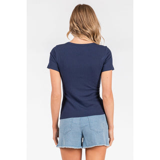 Black Ribbed Knit V Neck Short Sleeve Top