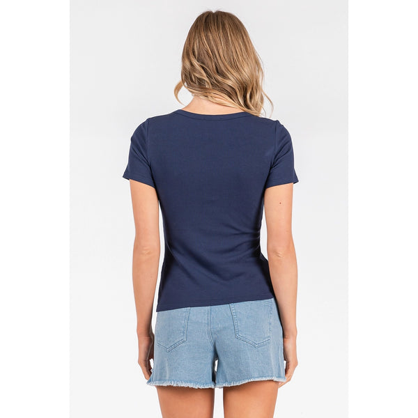 Black Ribbed Knit V Neck Short Sleeve Top
