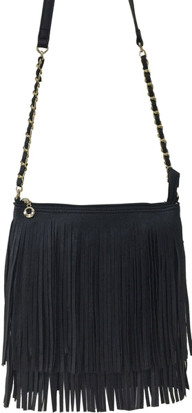 Black Fringe Faux Leather Crossbody Bag Purse
