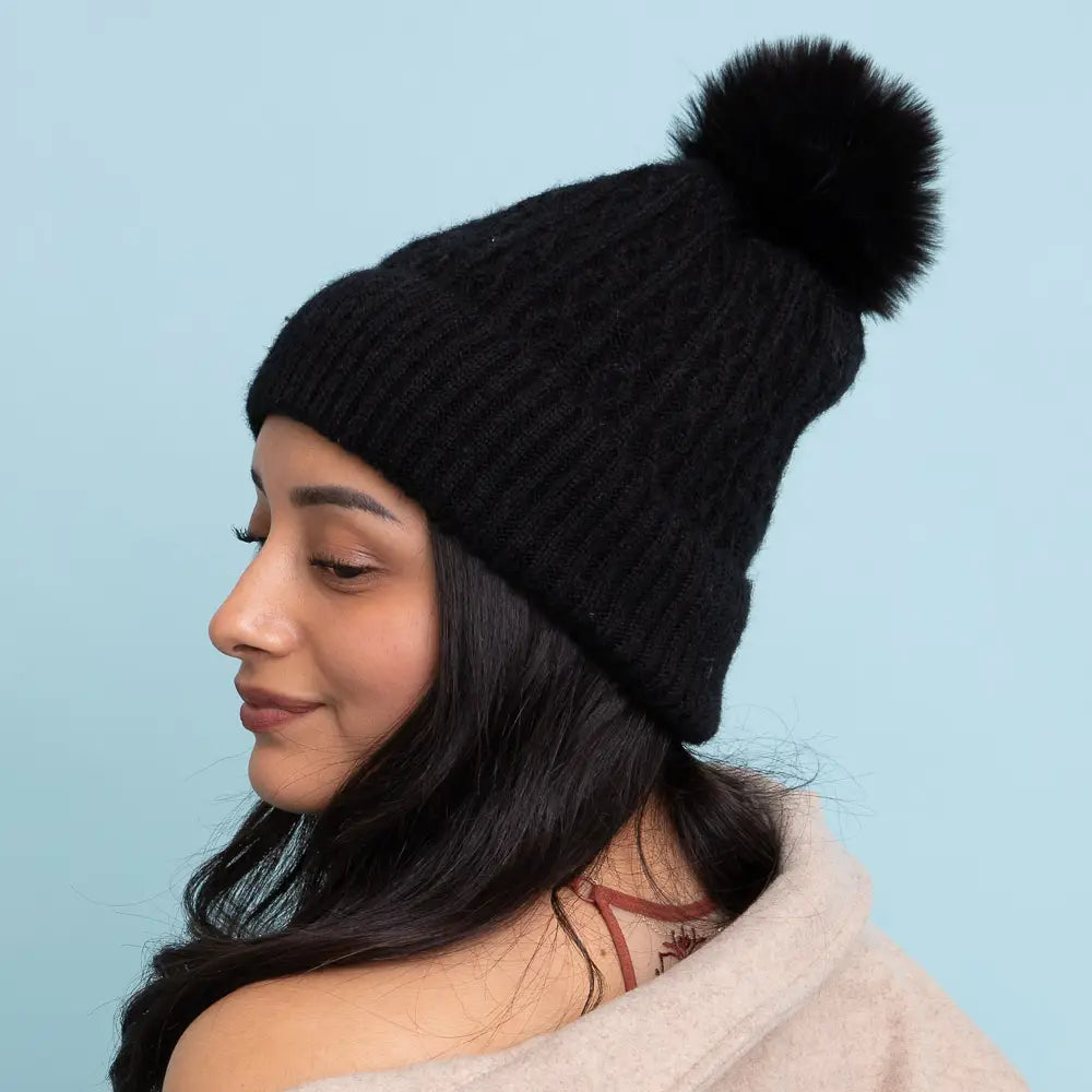Faux Fur Pom Pom Thermal Hat Black