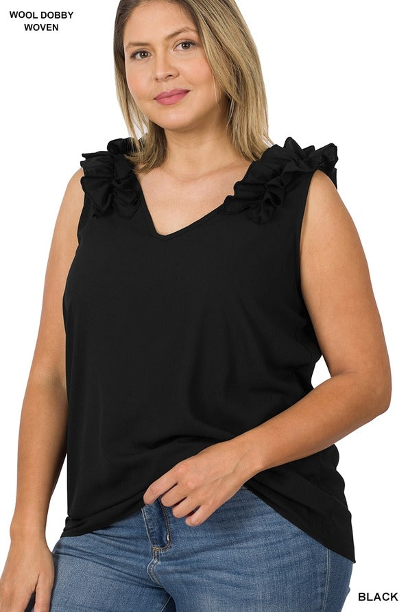 Plus Size Sleeveless Tank Top Ruffle Trim Black
