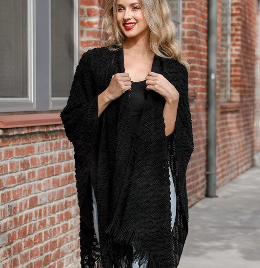 Black Soft Diagonal Knit Tassel Ruana Kimono