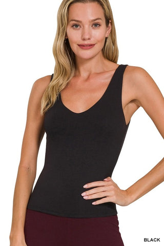 Zenana Double Layer V Neck Tank Top Black