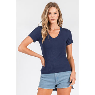 Black Ribbed Knit V Neck Short Sleeve Top