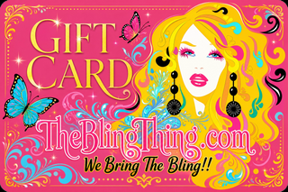 A vibrant pink gift card featuring a stylized illustration of a woman with bright yellow hair, colorful swirls, butterflies, and the text 'GIFT CARD', 'TheBlingThing.com', and 'We Bring The Bling!!'.