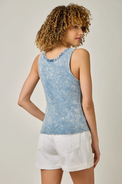 Washed Denim Ribbed Henley Tank Top