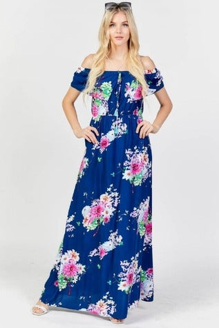 Floral Print Ruffle Off the Shoulder Maxi Dress