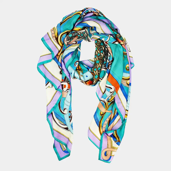 Abstract Pattern Printed Oblong Silky Satin Scarf Shawl Blue