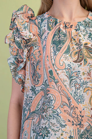 Paisley Floral Print Blouse Ruffle Sleeve Top