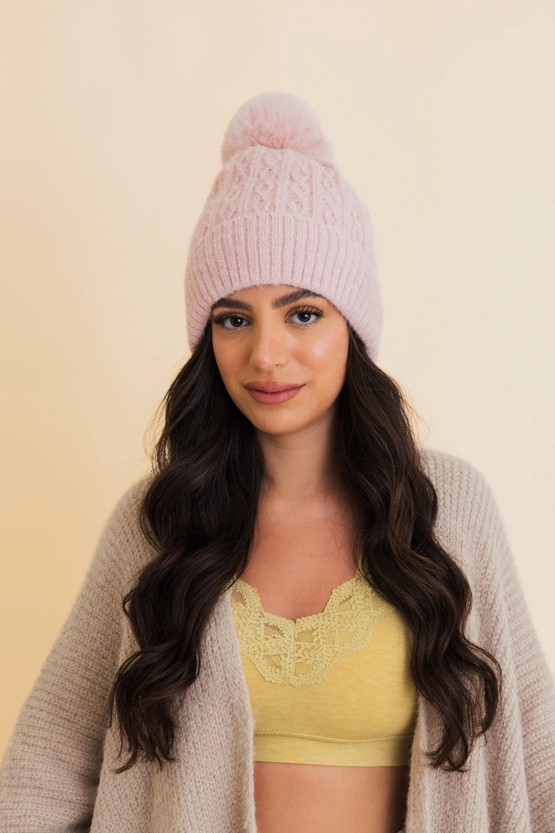 Faux Fur Pom Pom Thermal Hat Blush