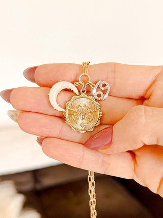 Cancer Three Charm Zodiac Moon CZ Pendant Paperclip Necklace