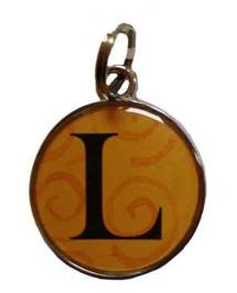 Four circular pendants with letter 'L' on a white background