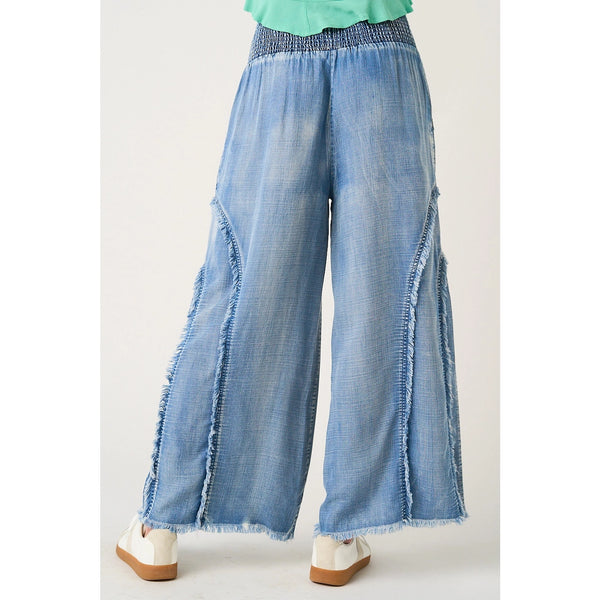Washed Tencil Chambray Smocked Waistband Pull on Pants