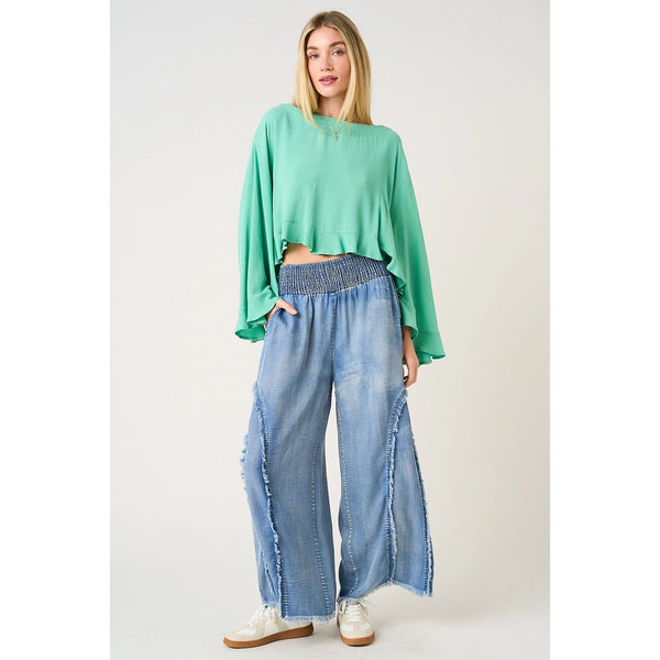 Washed Tencil Chambray Smocked Waistband Pull on Pants
